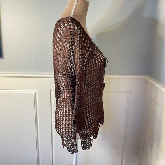 Vintage Y2k Fairy Cottagecore Crochet Knit Brown Open Cardigan OS - Picture 8 of 11